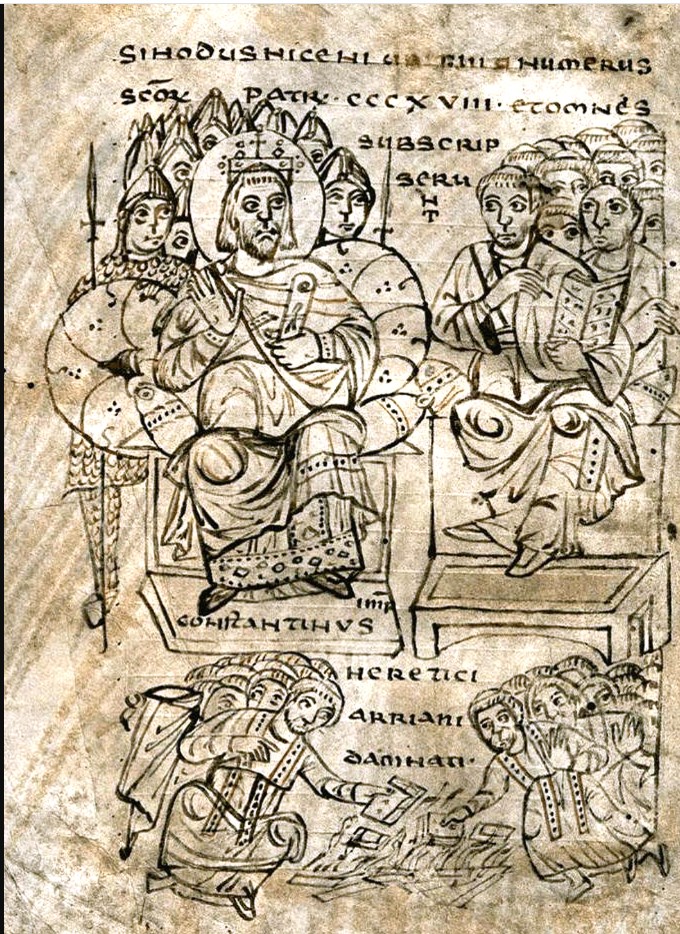 Konstantin’in Ariusçuların mahkûmiyetine başkanlık etmesini ve Ariusçu kitapların yakılmasını gösteren dokuzuncu yüzyıl kanon hukuku yazması.